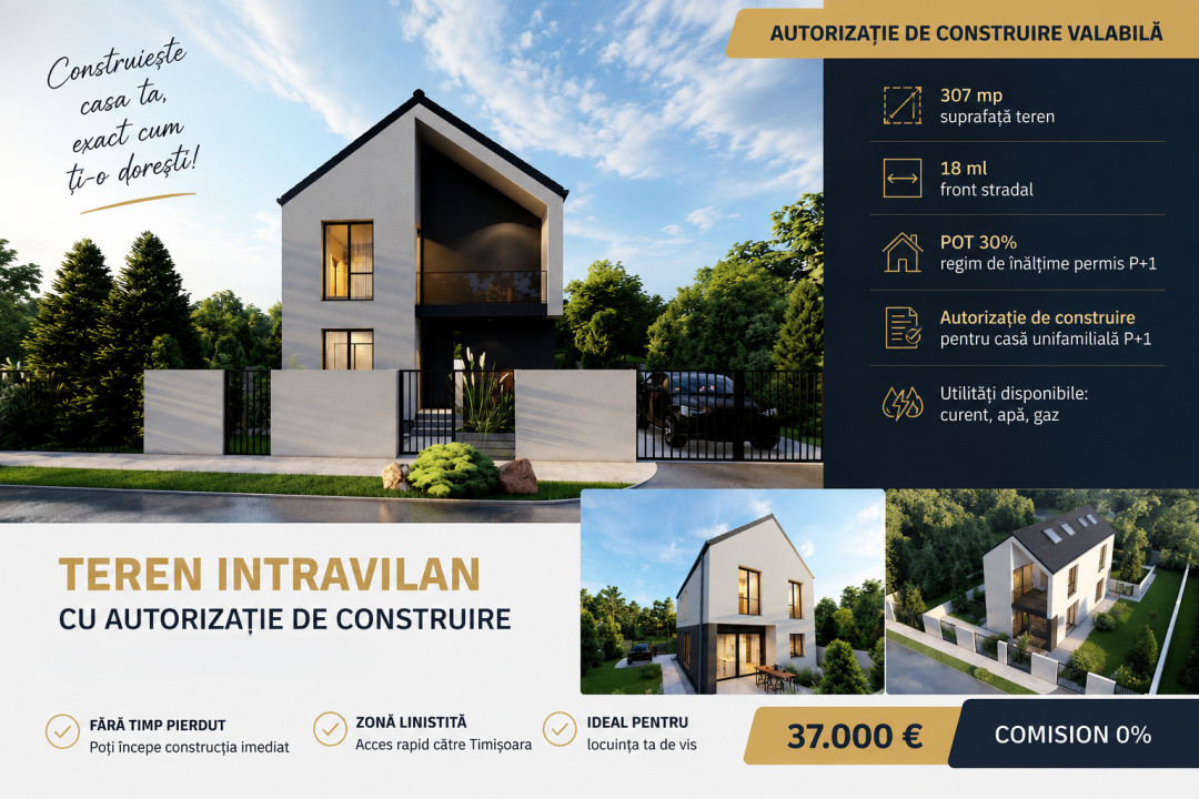 COMISION 0% | Teren intravilan 307 mp  | Autorizatie de construire | Sanandrei 1, foxfort.ro